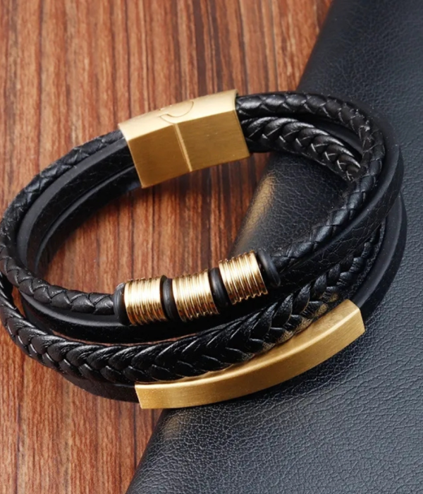 Multi layered mens black and gold bracelet