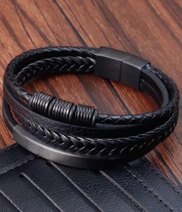 Multi layered mens black woven bracelet