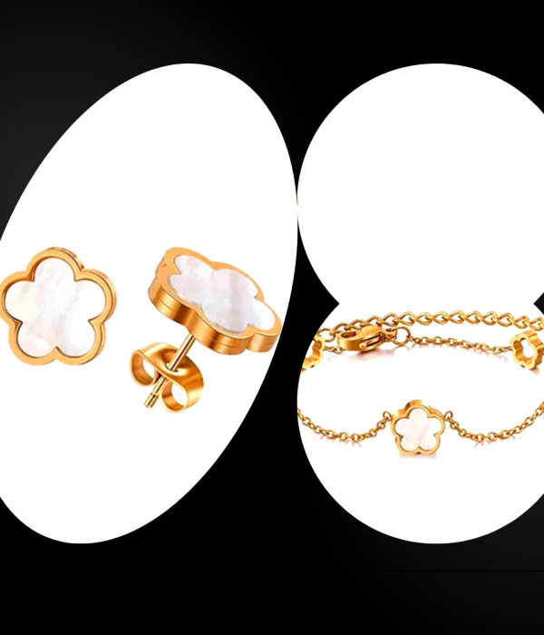 White clover stud earrings and bracelet set
